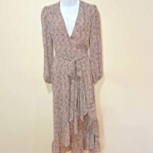 Wayf Women's Animal Print Long Sleeve V-Neck Belted Midi Wrap Dress Size XS